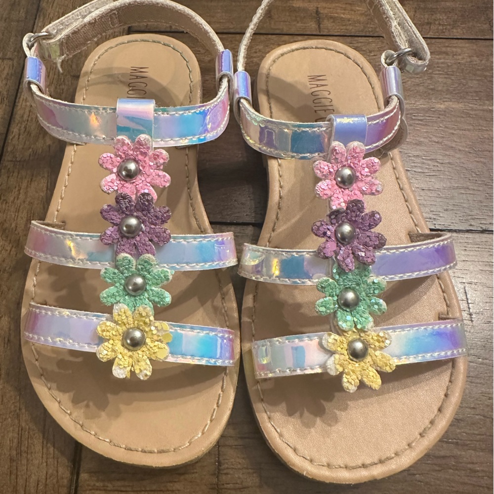 Maggie & Zoe rainbow metallic flower toddler sandals.